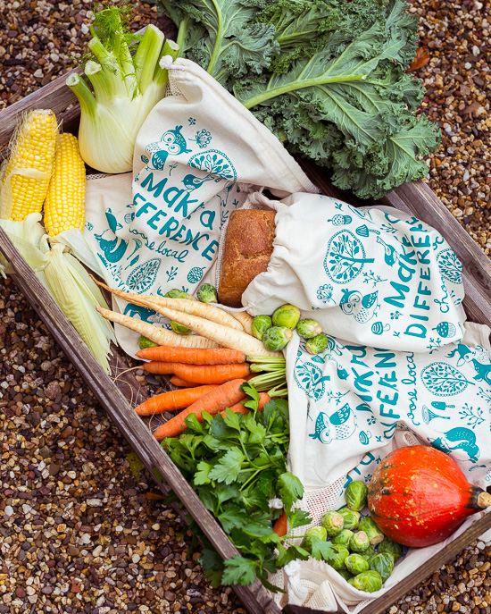Meine Marktausbeute mit meinen neuen herbstlichen Obst und Gemuesebeuteln